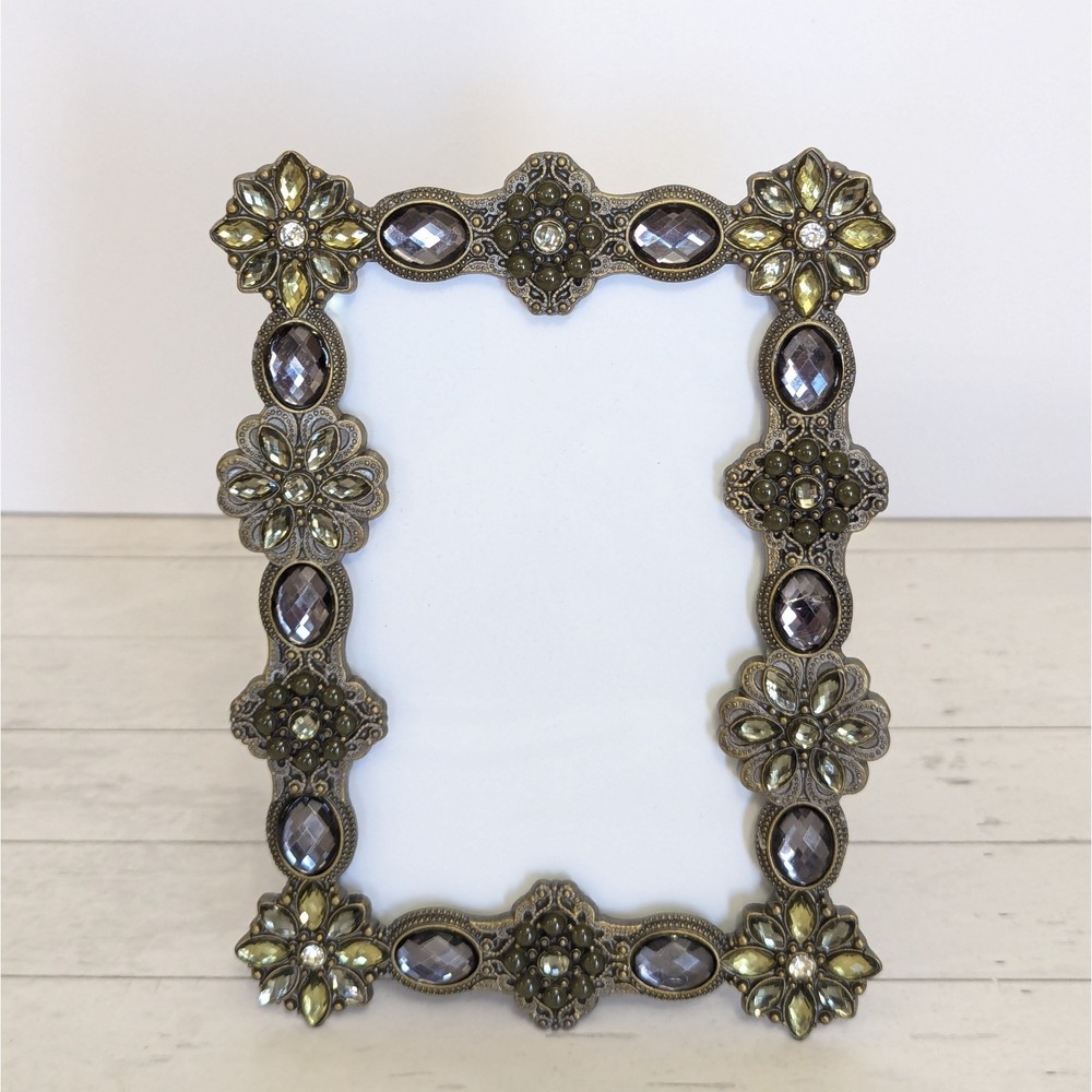 Enchante Ornate Green Jeweled Picture Frame Bronze  Molded Plastic 4x6 Photo